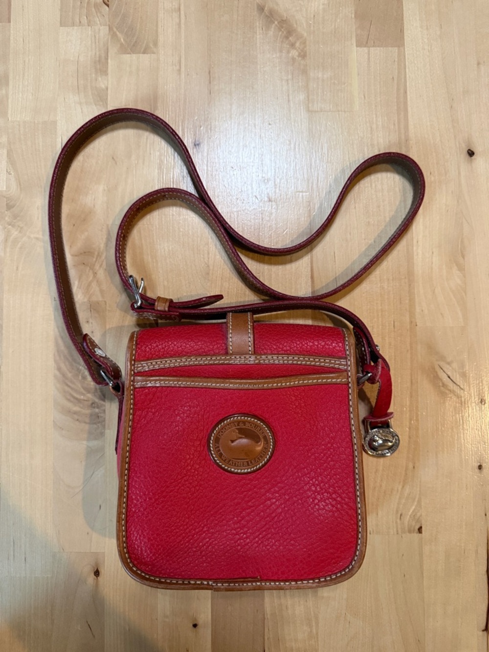 Vintage Dooney & Bourke Red Pebbled Leather Crossbody with Tan Trim